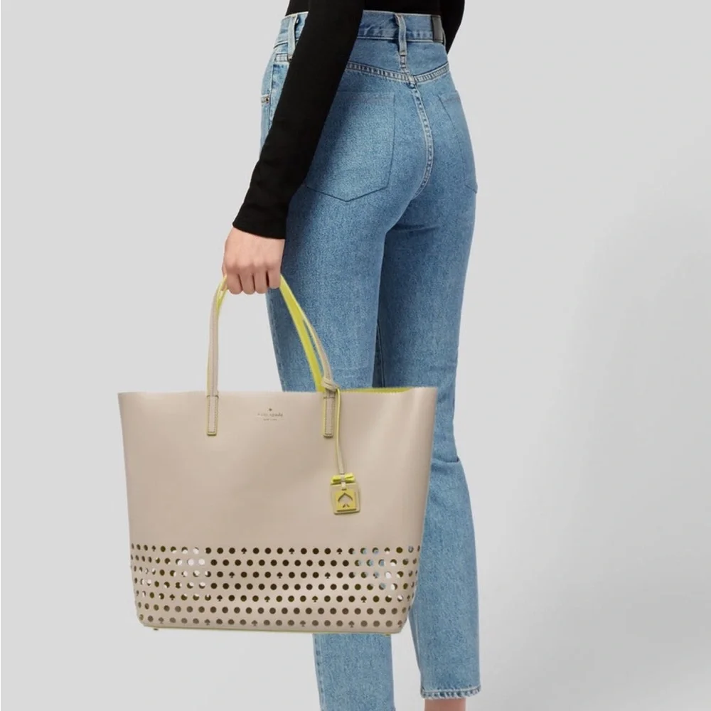 NWOT Kate Spade Large Cream & Neon Yellow Perforated Leather Tote +cloth dustbag - Picture 4 of 9